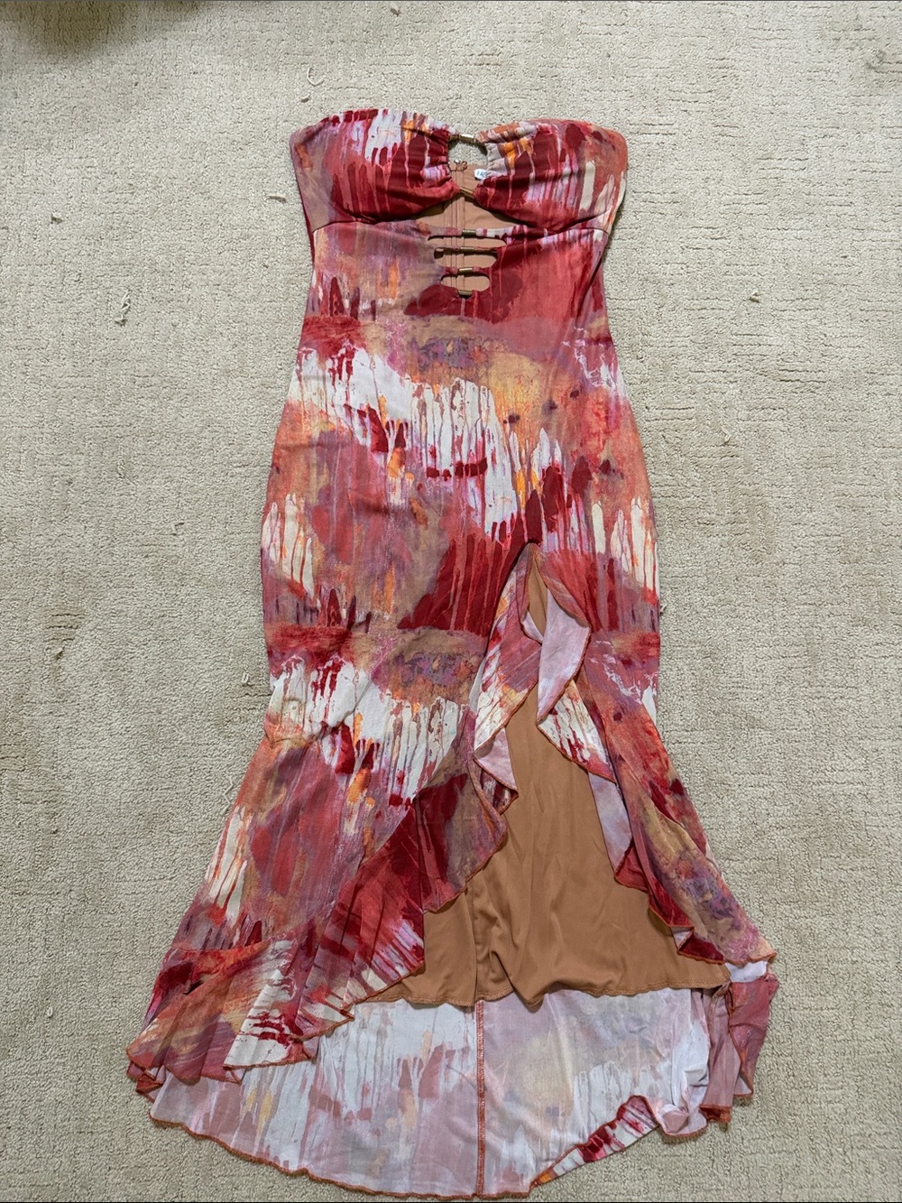 Strapless Red Multi-Print Ruffled High-Low Dress fashion nova